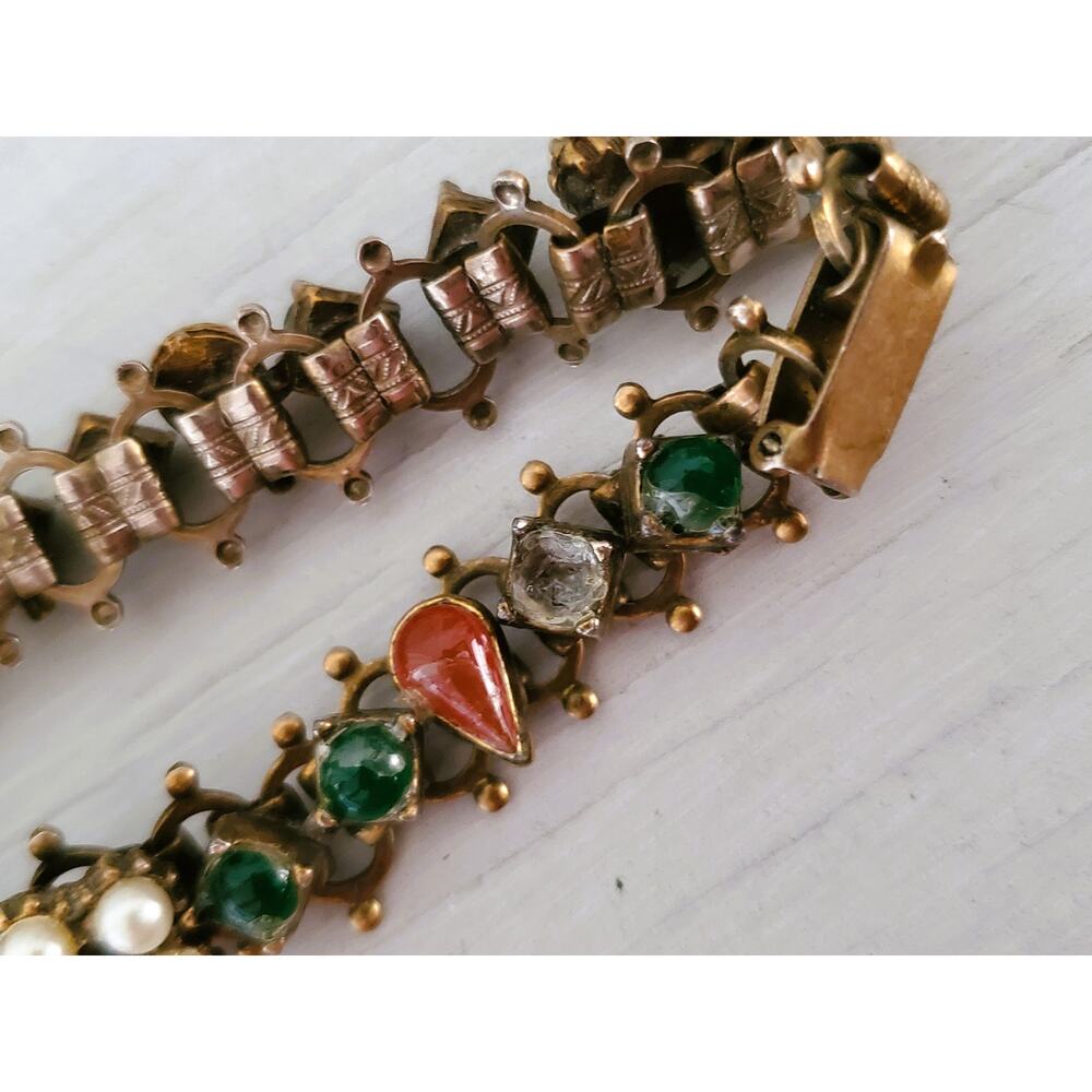 Victorian Revival Brass Filigree Faux Pearl & Glass Stone Bracelet - Picture 3 of 9